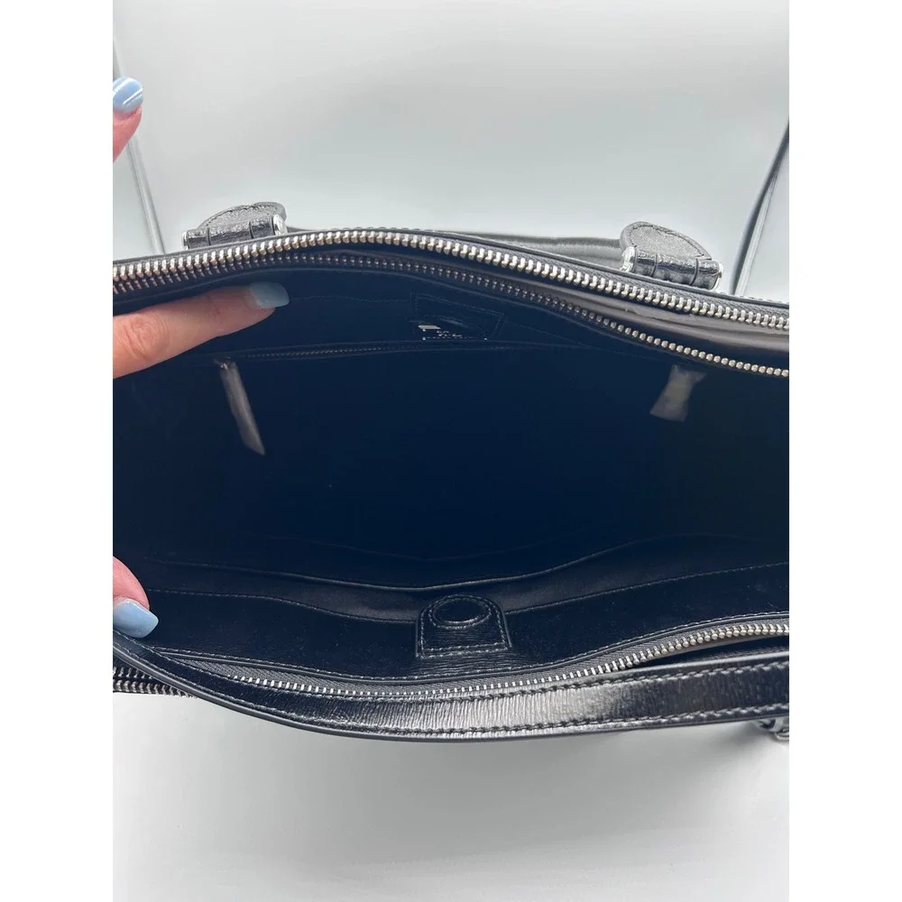 Lauren Ralph Lauren Black White Striped Leather Satchel Tote Bag NEW RLL